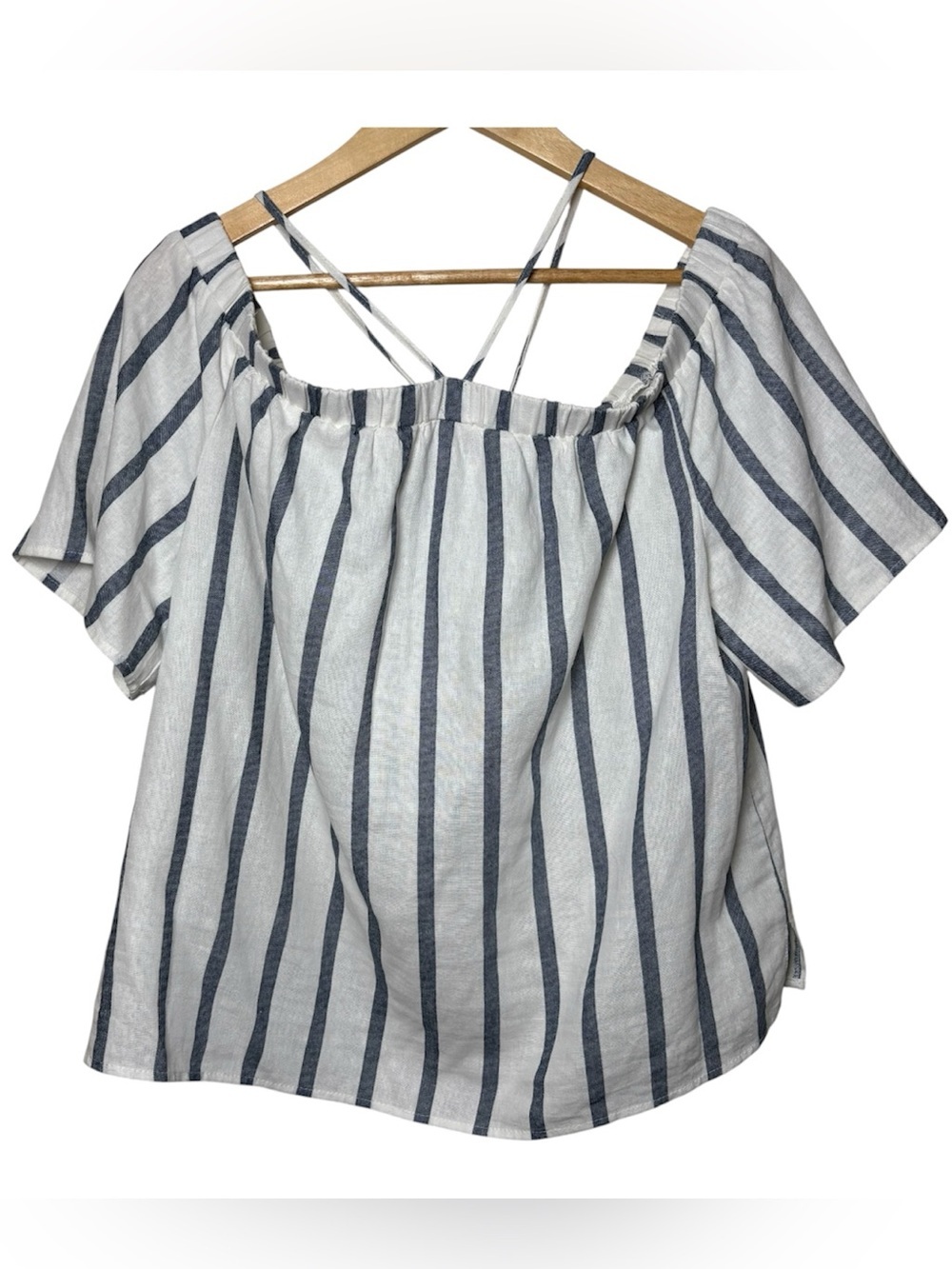 Vince Camuto Peasant Top Blouse Women Large Linen Blend Striped Off Shoulder
